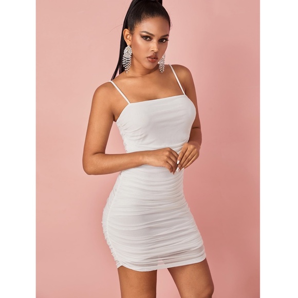 White Mesh Ruched Cami Mini Dress - Picture 5 of 6